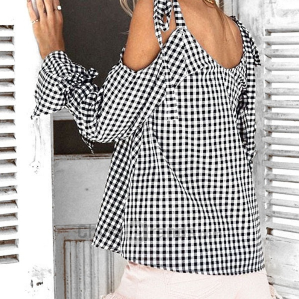 Cold Shoulder Gingham Checked Boho Peasant Blouse - Picture 4 of 4